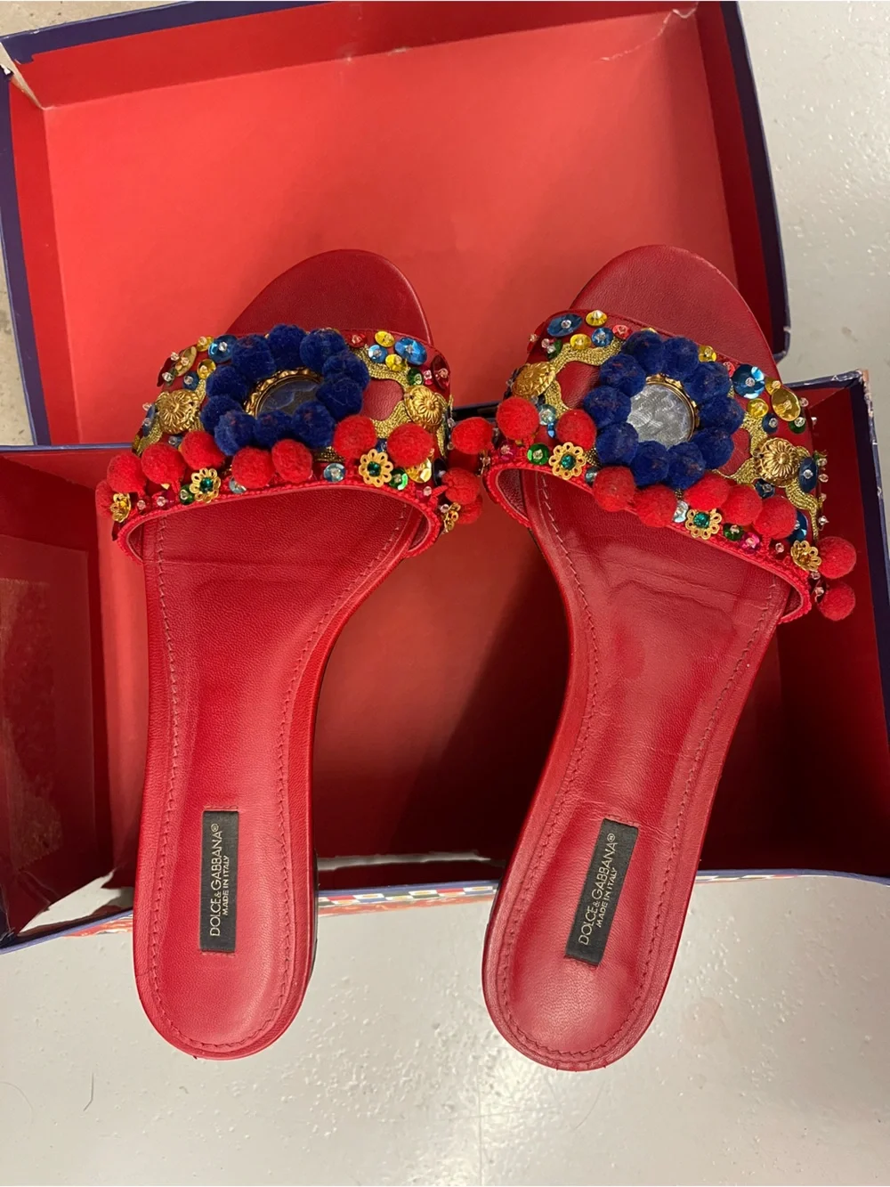Statement Piece Dolce & Gabbana Red Embellished Pom-Pom Slide Mules - Picture 1 of 10